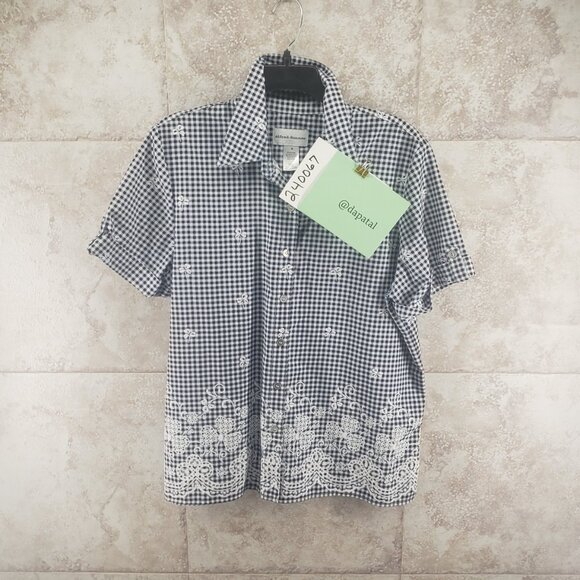 Alfred Dunner Blue Check Button Front Roll Tab Short Sleeve Shirt Womens Size M - Picture 10 of 10